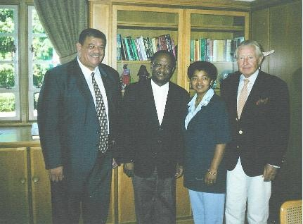 (left to right): Mr H Bailey (former Chairperson), Prof. N Ndebele (Patron), Ms J Williams (former Executive Director), Max Vegelin van Claerbergen (founder of Biblionef)